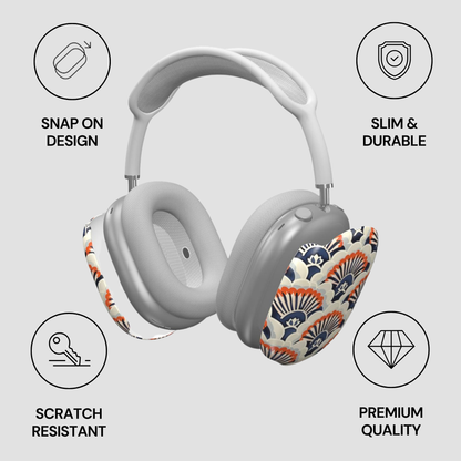 Gray headphones with colorful ear covers on a light gray background with feature icons.