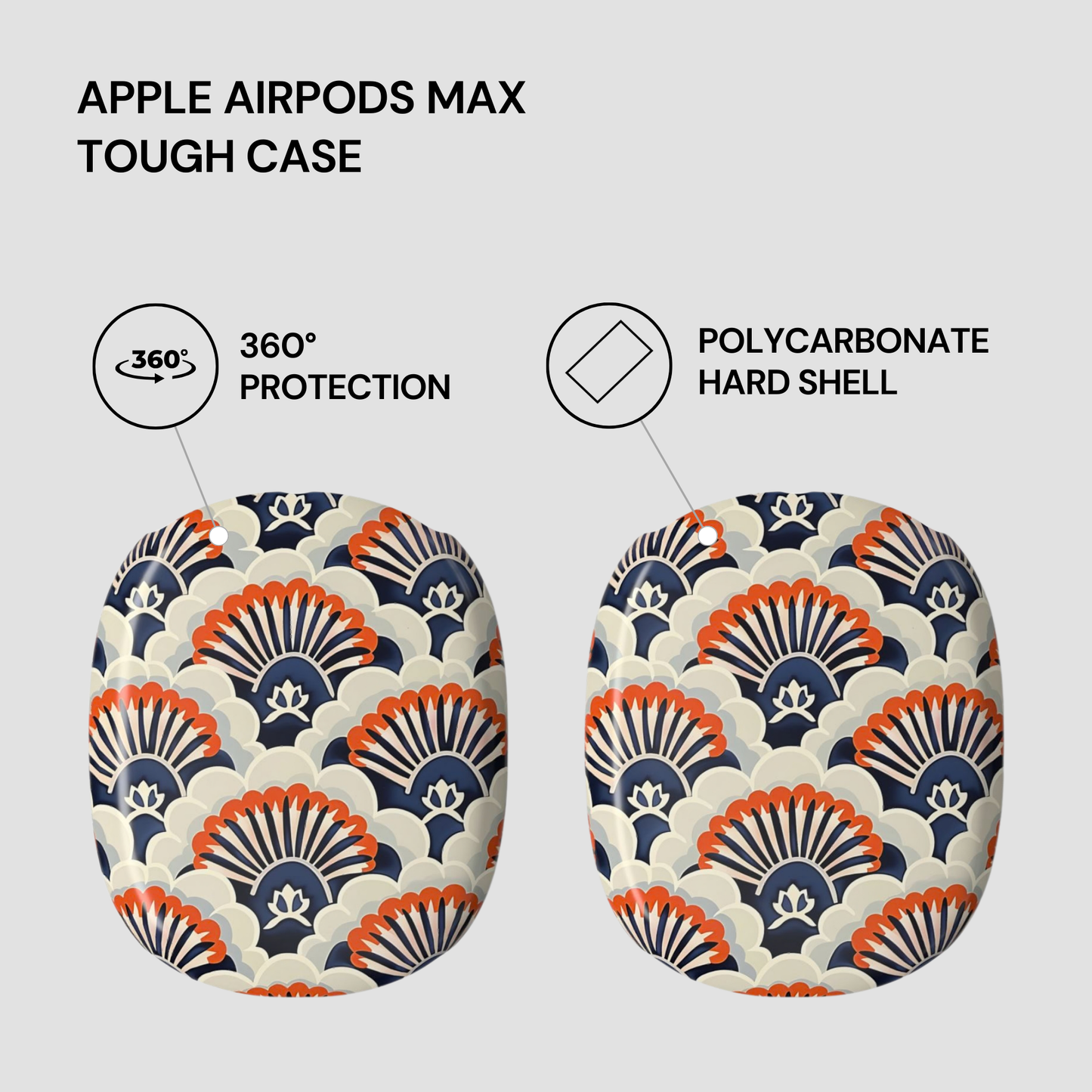 Patterned tough case for Apple AirPods Max with text highlighting features on a light gray background