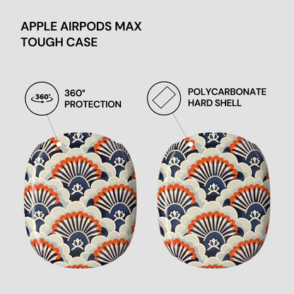 Patterned tough case for Apple AirPods Max with text highlighting features on a light gray background