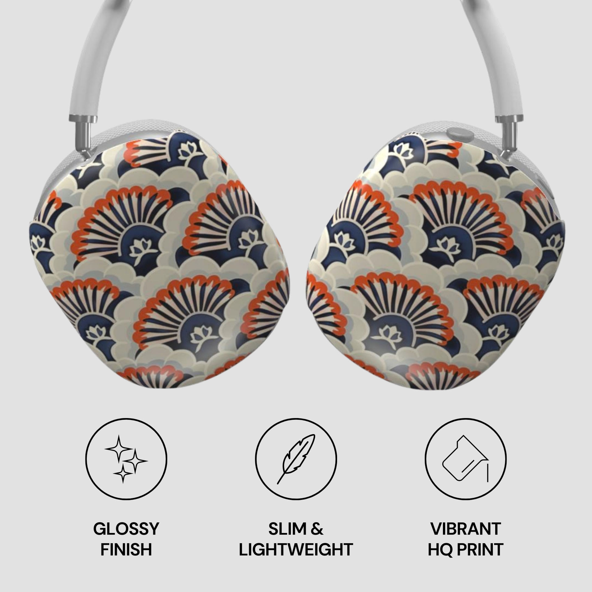 Patterned headphones with glossy finish, slim design, and vibrant HQ print on a light gray background.