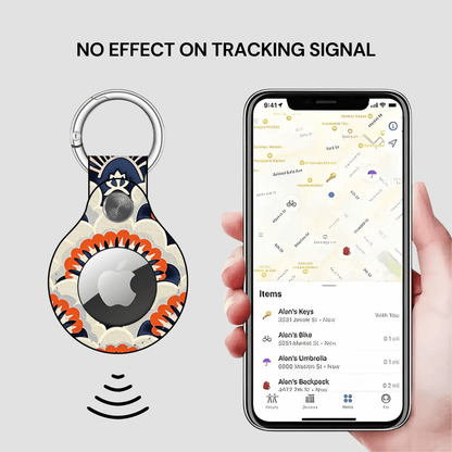 Smart keychain with Apple logo and phone displaying location app on a light gray background