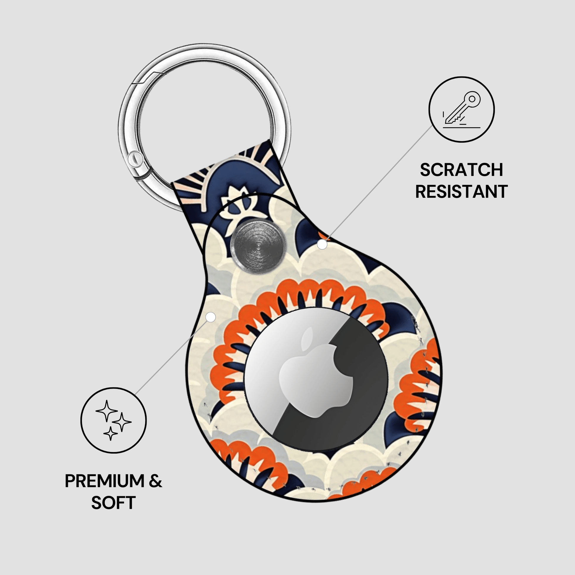 Decorative keychain case with Apple logo on a light gray background