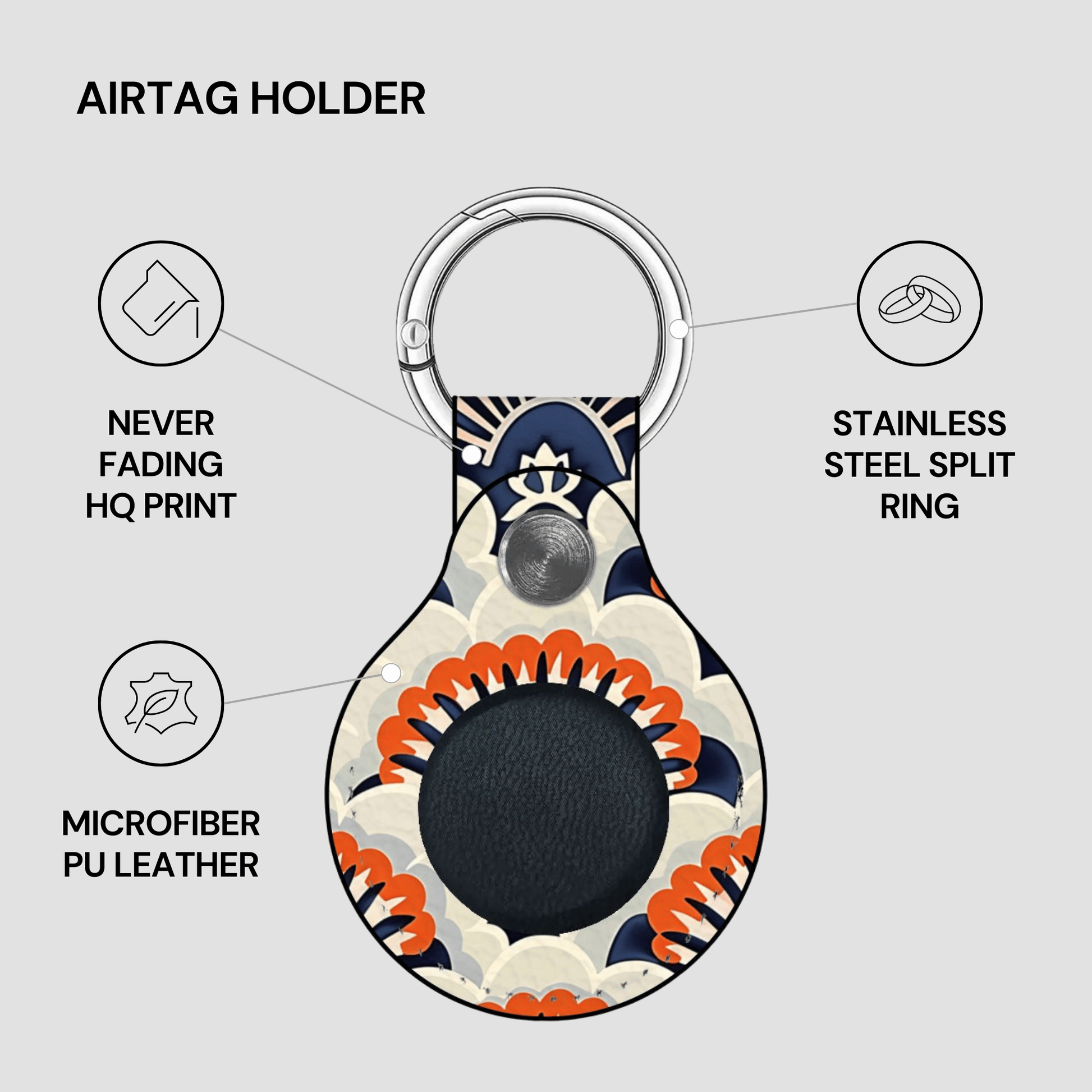 Airtag holder with floral design on a gray background