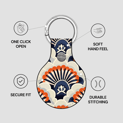Keychain with decorative design on a gray background, featuring text on features.
