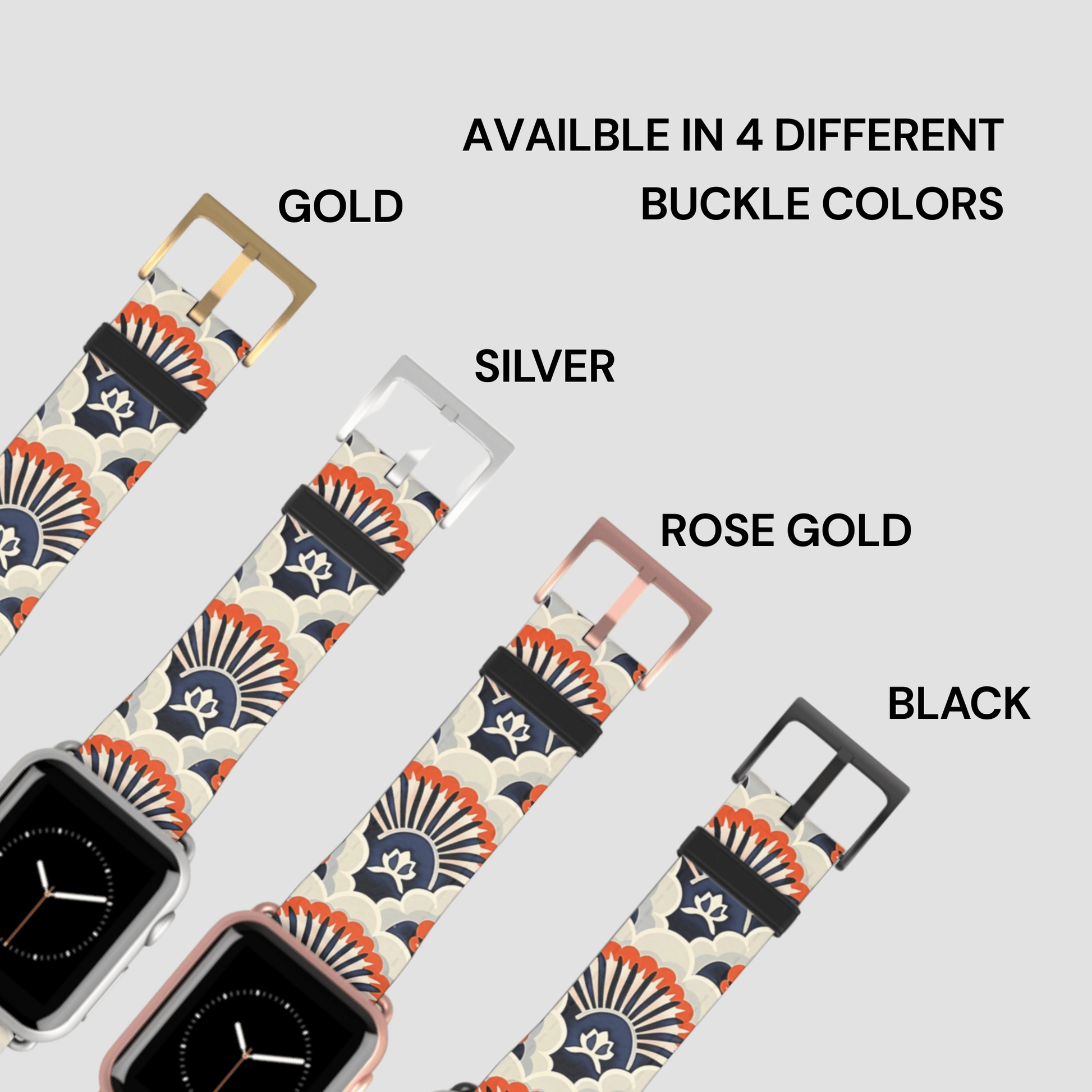 Patterned watch strap with buckle color options on a white background