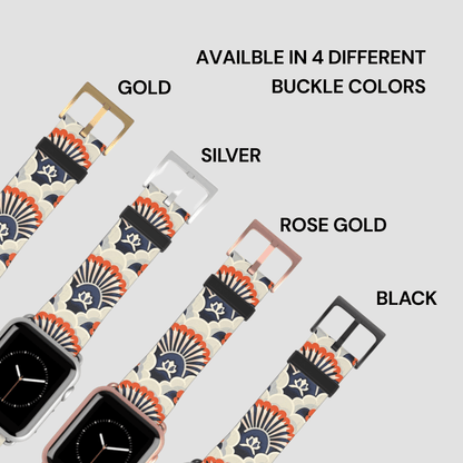 Patterned watch strap with buckle color options on a white background