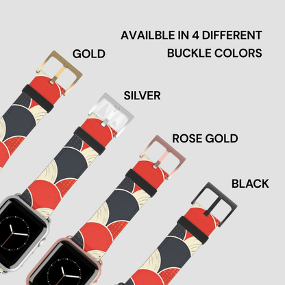 Watch strap with red and black pattern and four buckle color options on a light gray background.