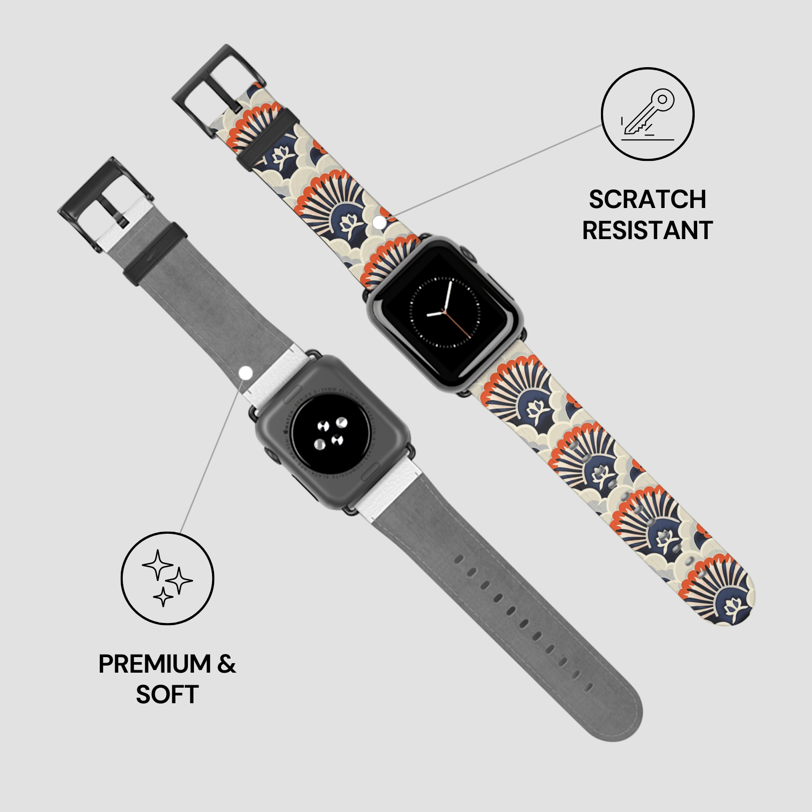 Smartwatch with a patterned band on a light gray background, highlighting scratch resistance and softness.