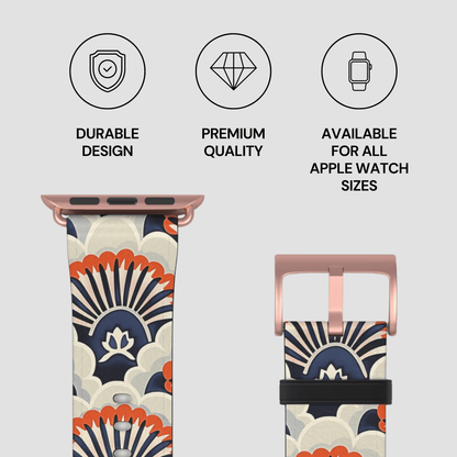 Watch strap with decorative pattern and text highlighting durability, quality, and compatibility on a light gray background.