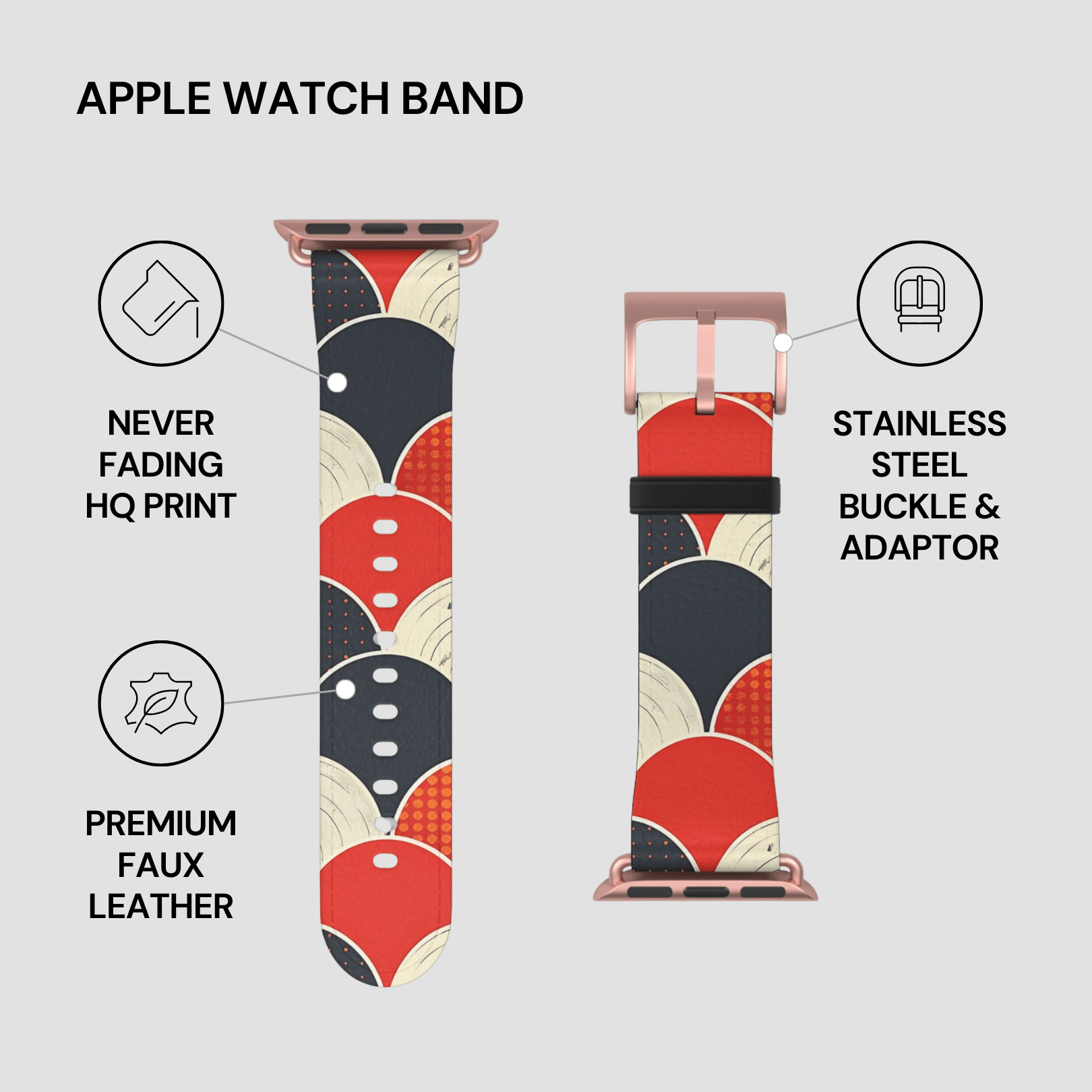Apple Watch band with design and features on a gray background