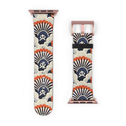 Watch band with floral design and rose gold clasp on a white background