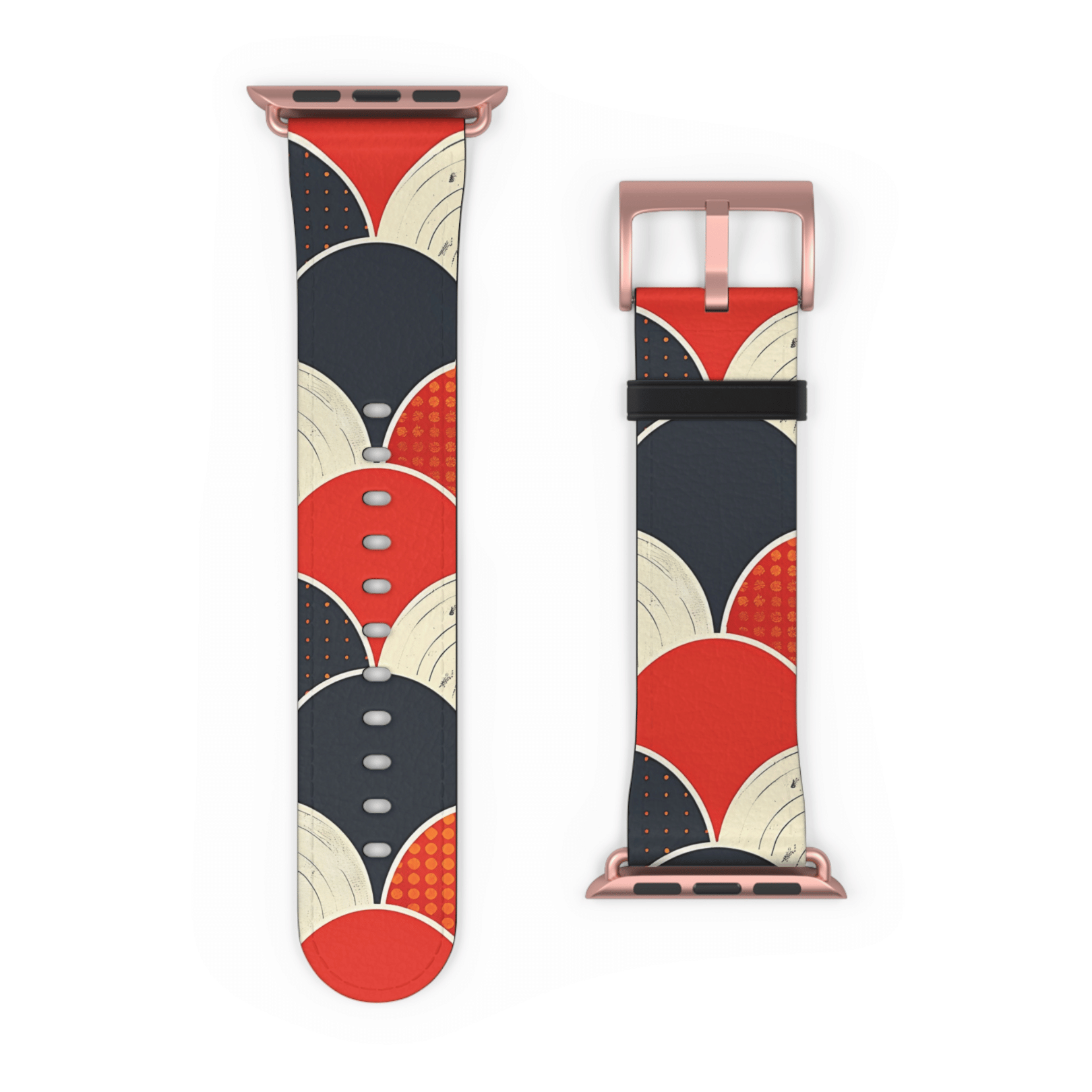 Watch strap with red, black, and beige abstract pattern on a white background