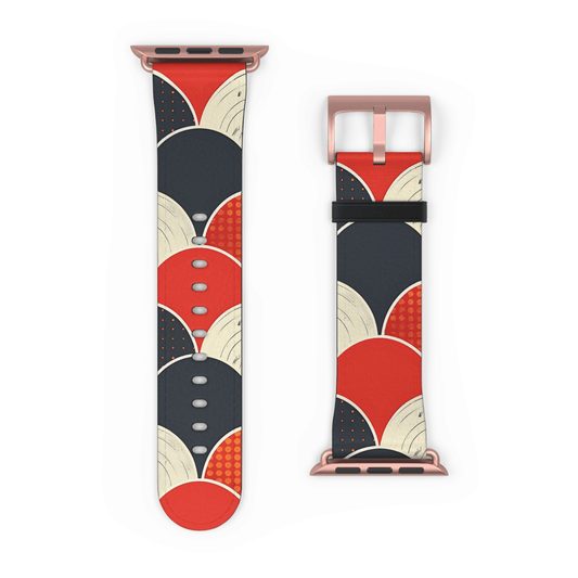 Watch strap with red, black, and beige abstract pattern on a white background