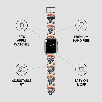 Watch band with decorative pattern on a gray background, featuring text about compatibility and features.