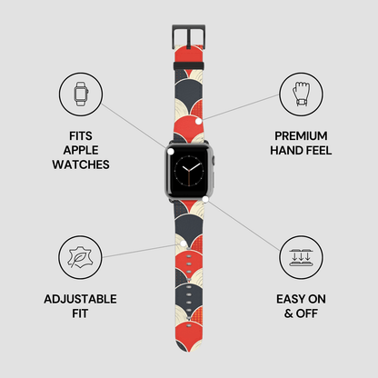 Smartwatch with a colorful patterned band on a gray background with feature icons.