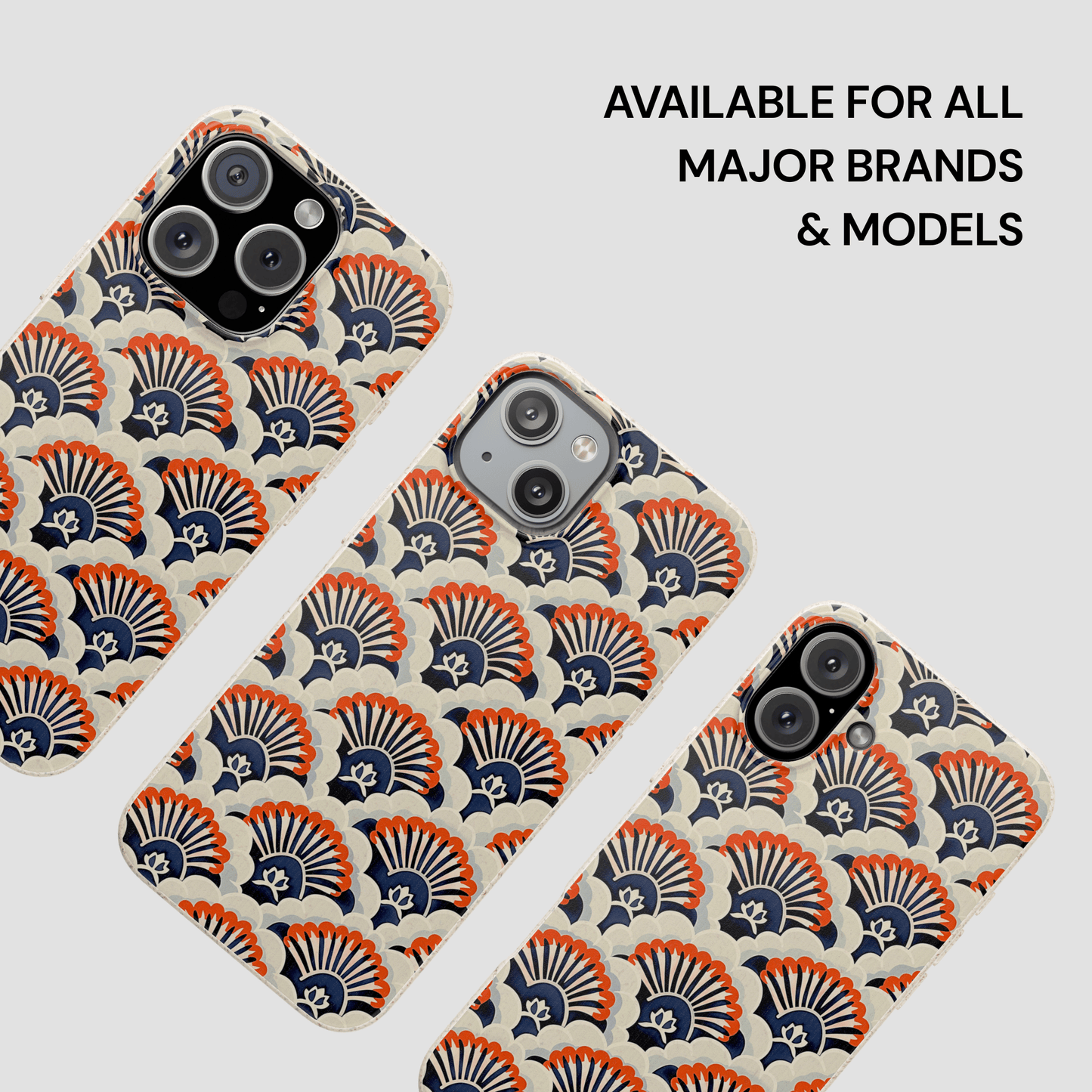 Phone cases with a shell pattern on a white background, text 'Available for all major brands & models' above.