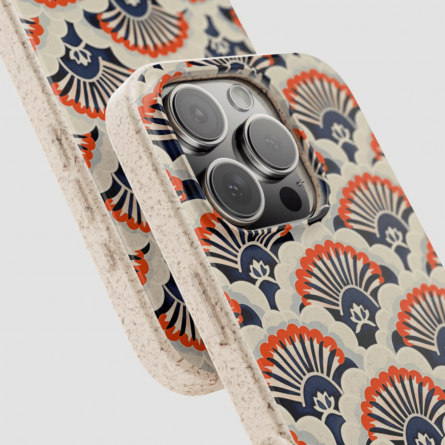 Phone case with a decorative pattern on a light gray background