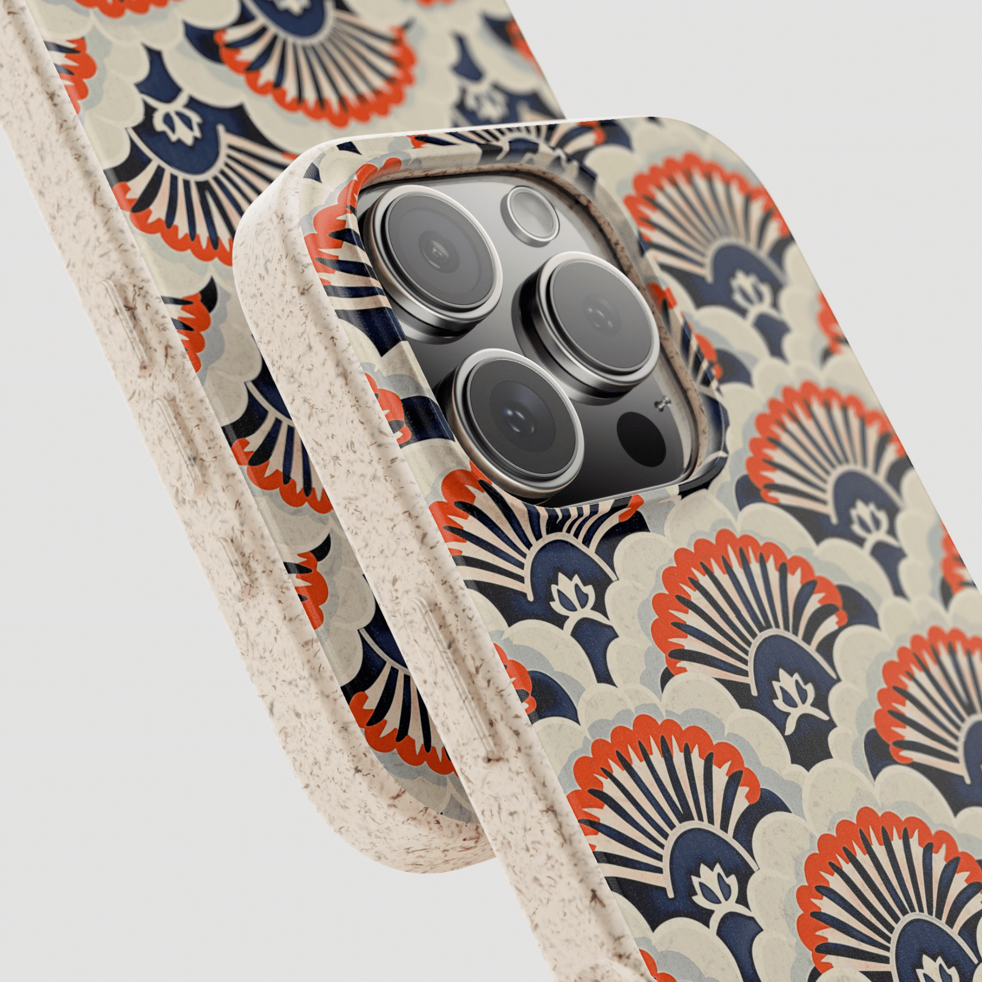 Phone case with a decorative pattern on a light gray background