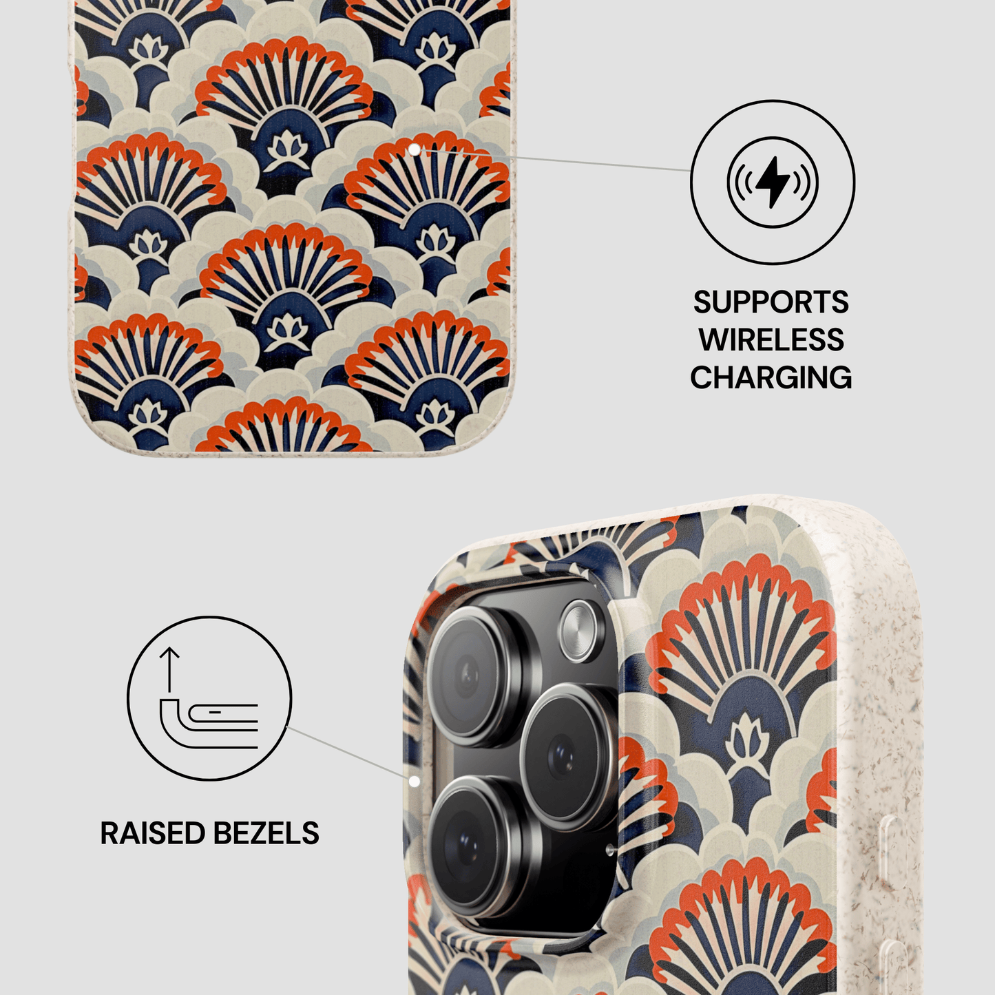 Phone case with a geometric pattern, wireless charging symbol, and raised bezels text on a light gray background.