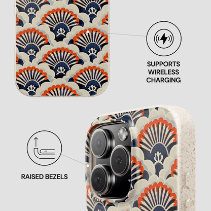 Phone case with a geometric pattern, wireless charging symbol, and raised bezels text on a light gray background.