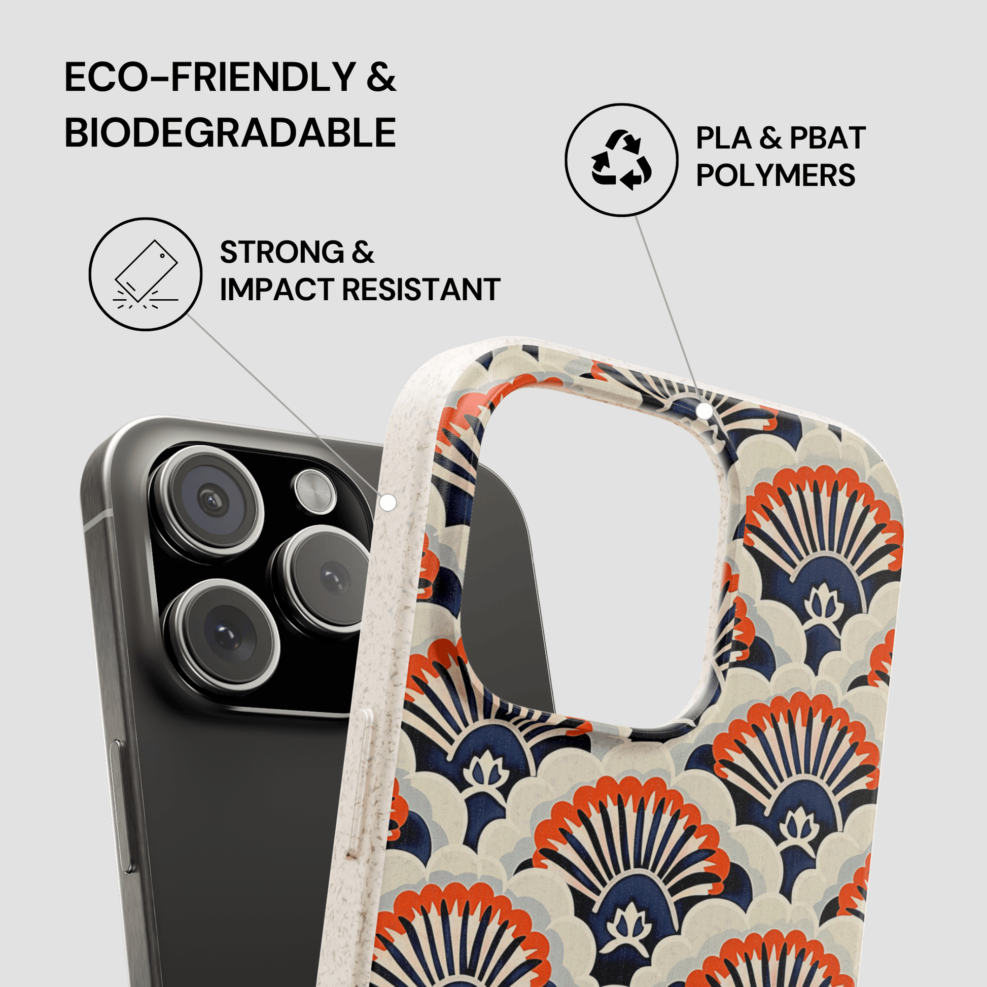 Patterned phone case with eco-friendly and biodegradable features on a gray background