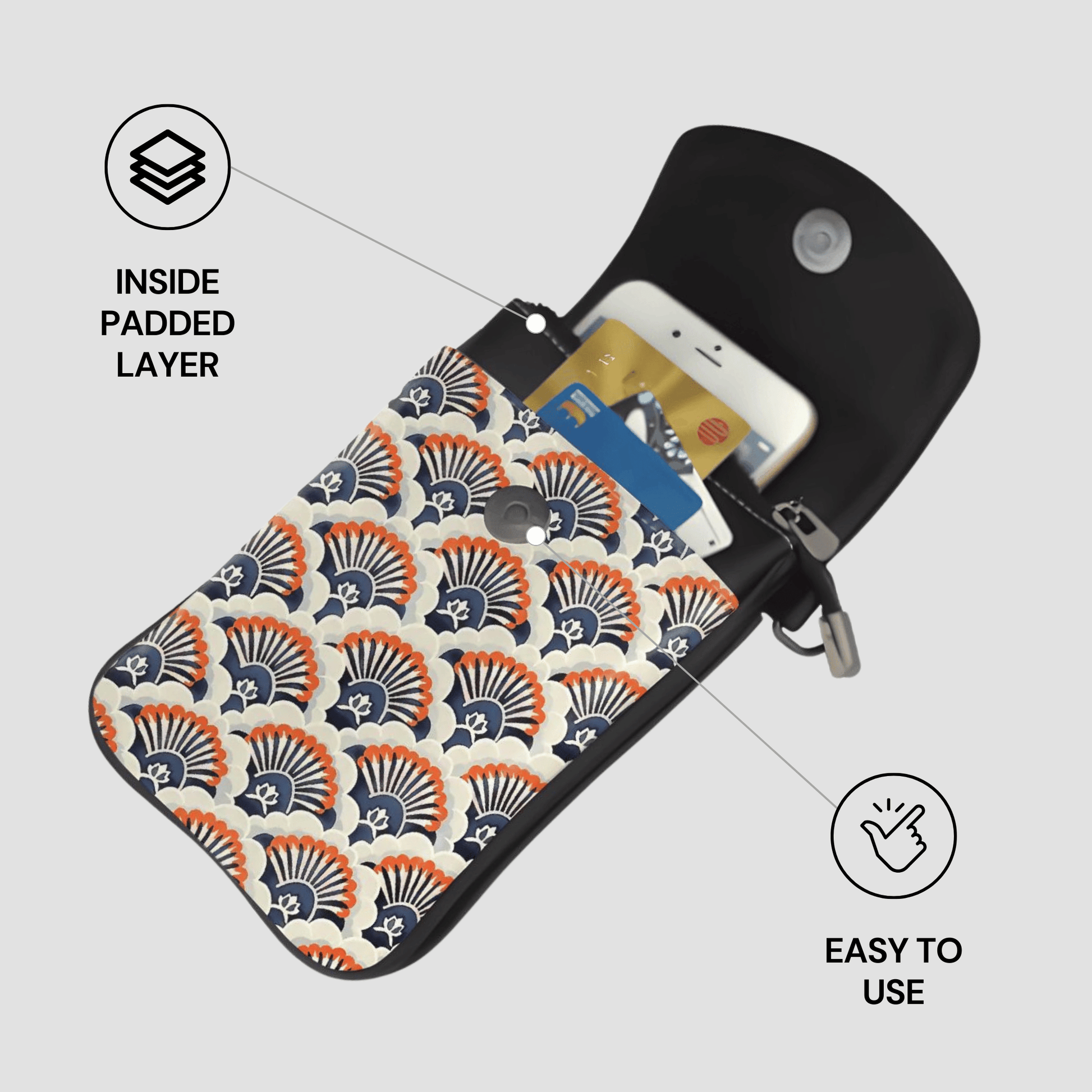 Patterned pouch with phone and card, labeled 'Inside Padded Layer' and 'Easy to Use'.
