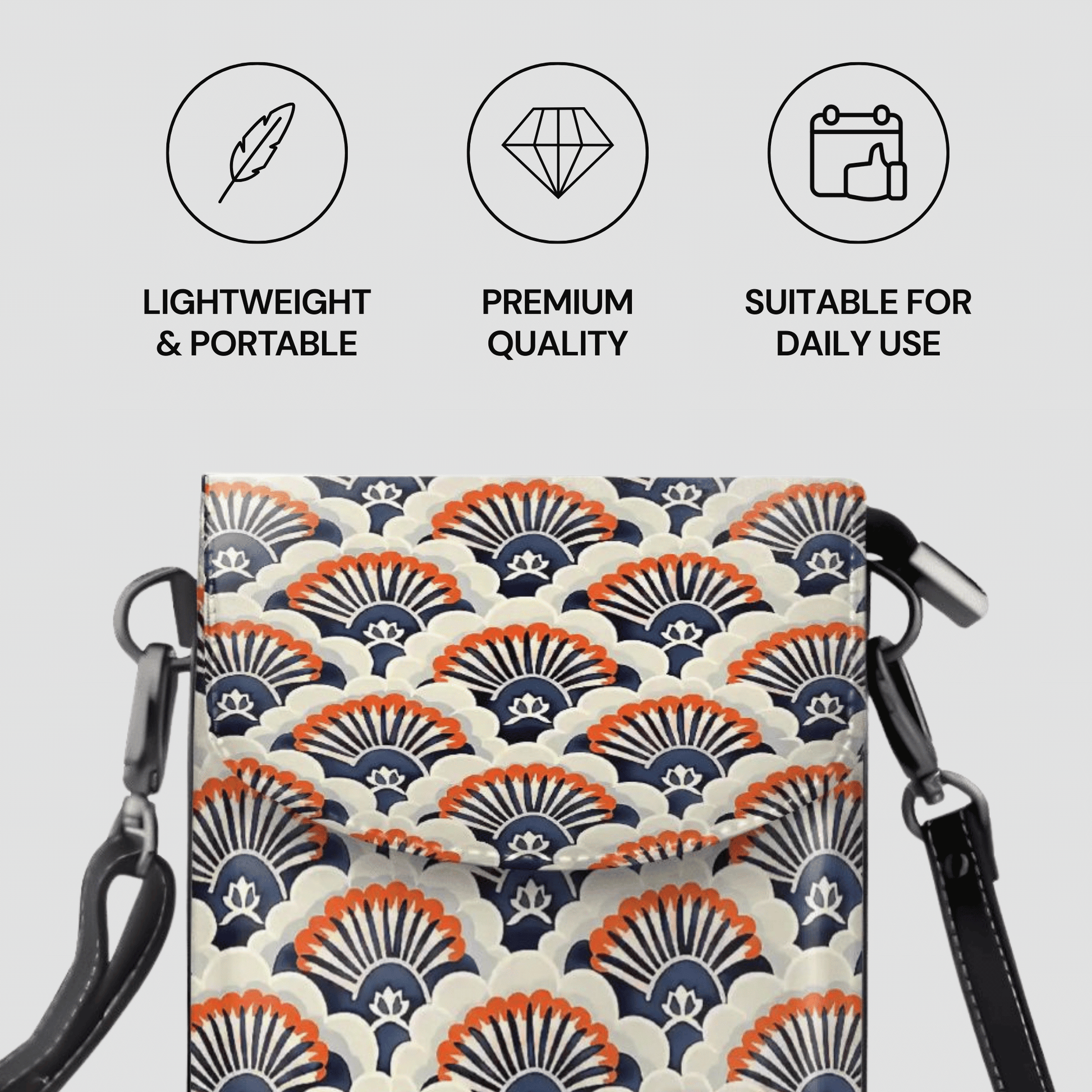 Patterned bag with shoulder straps on a light gray background, featuring icons and text about product attributes.