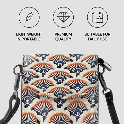 Patterned bag with shoulder straps on a light gray background, featuring icons and text about product attributes.
