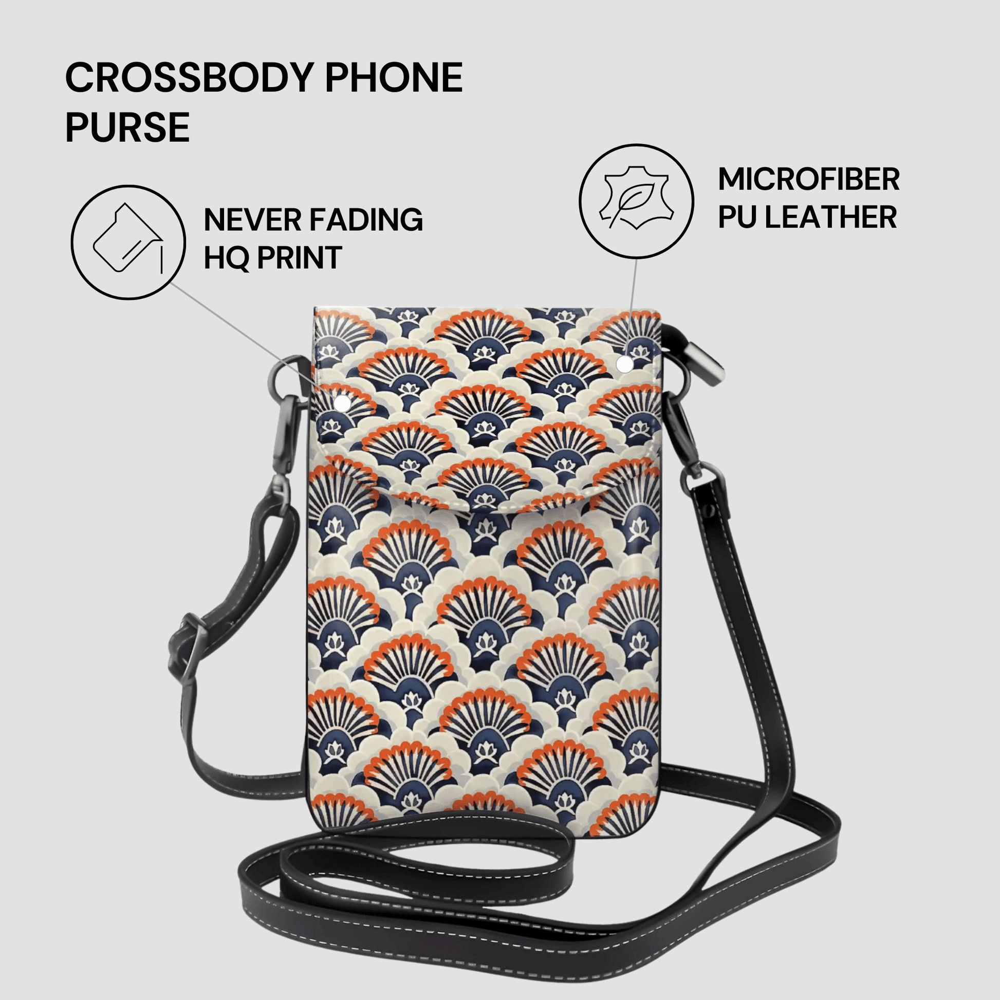 Crossbody phone purse with fan pattern on a light gray background