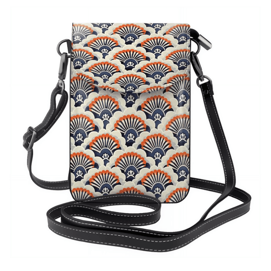 Crossbody bag with a geometric pattern on a white background