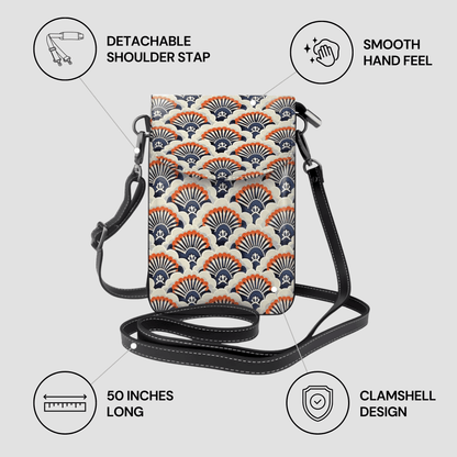 Patterned crossbody bag with features highlighted on a white background