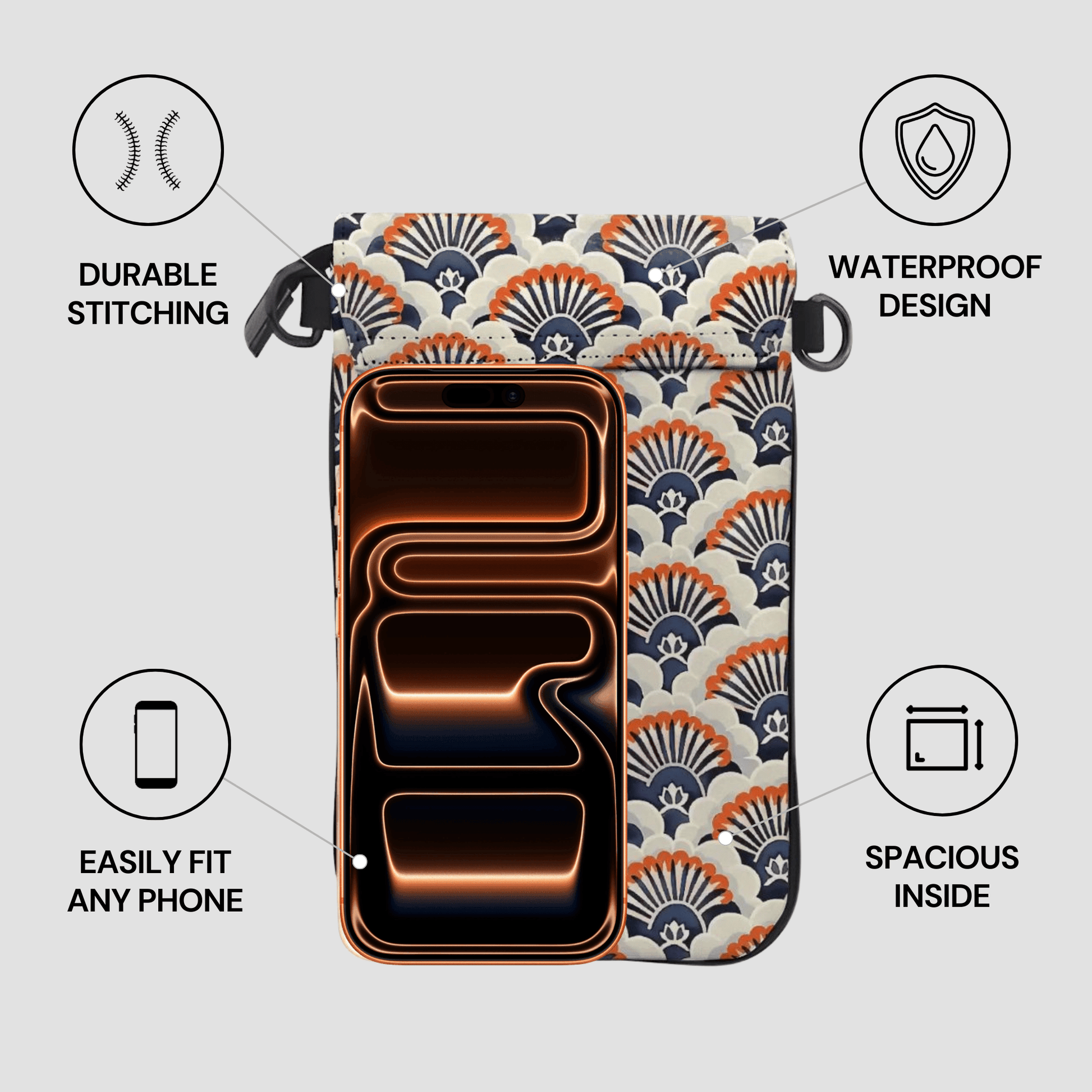 Phone case with patterned exterior and interior compartments, featuring durability and waterproof design features.