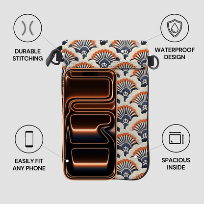 Phone case with patterned exterior and interior compartments, featuring durability and waterproof design features.
