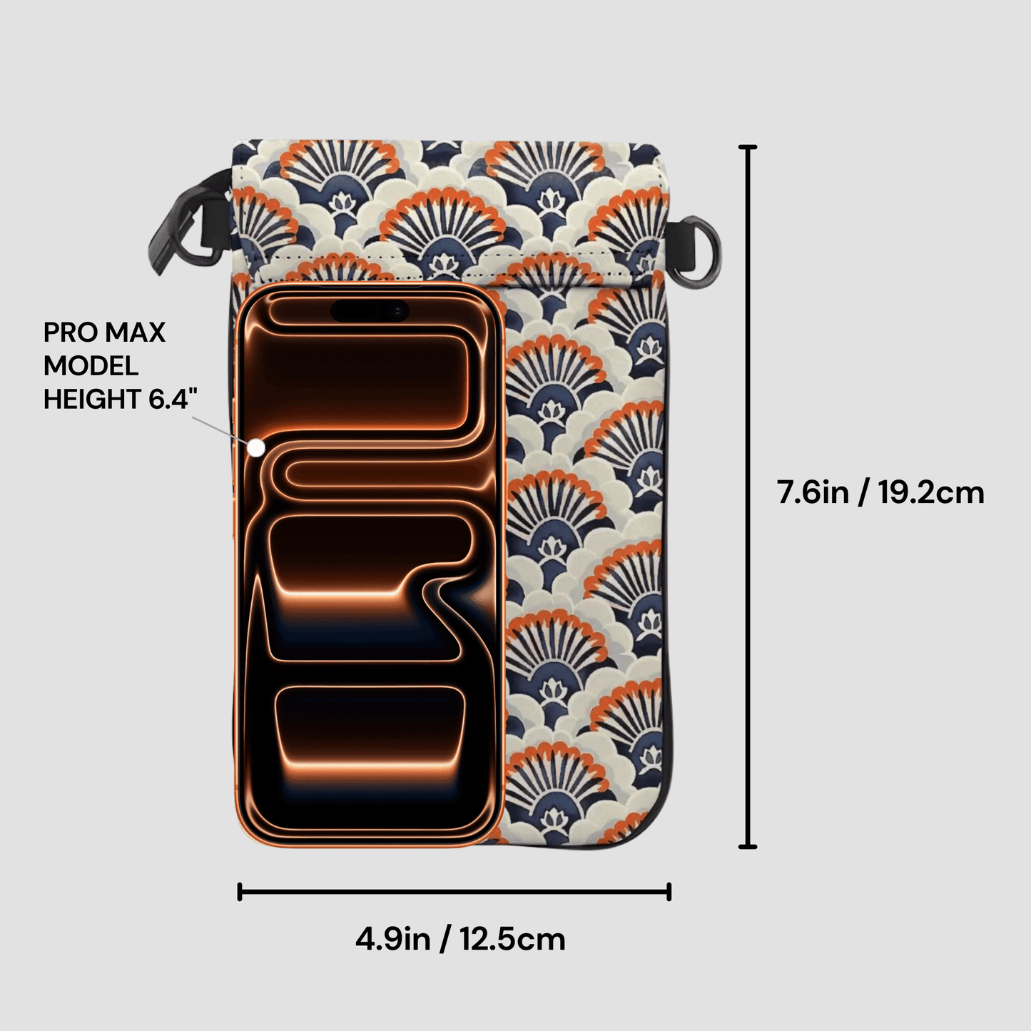 Phone case with patterned design and measurements on a light gray background