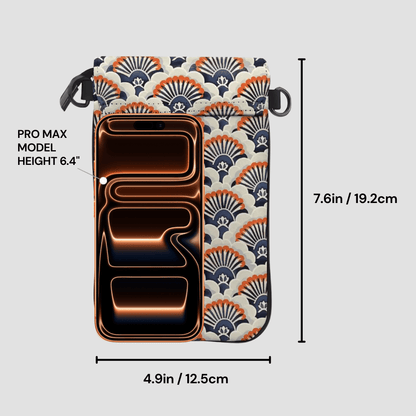 Phone case with patterned design and measurements on a light gray background