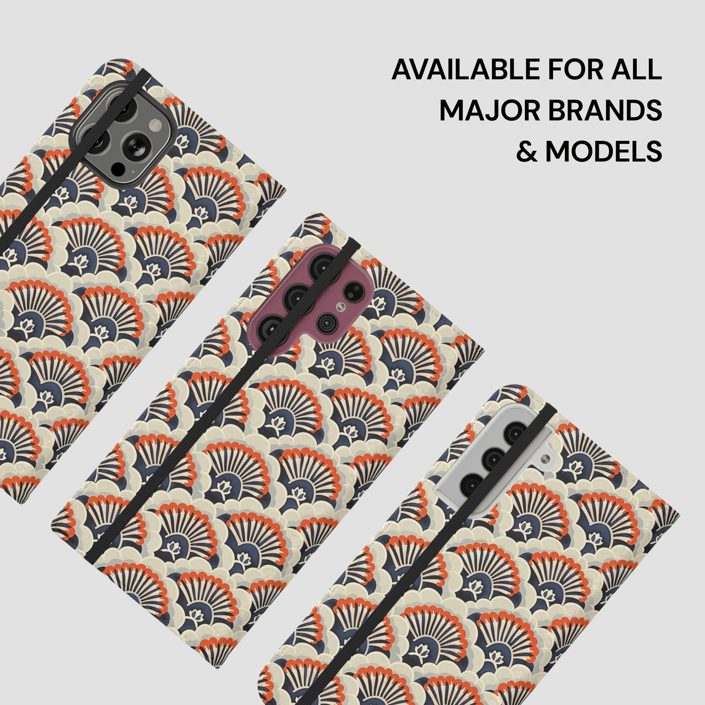 Phone case with shell pattern on a white background, text 'Available for all major brands & models' above.