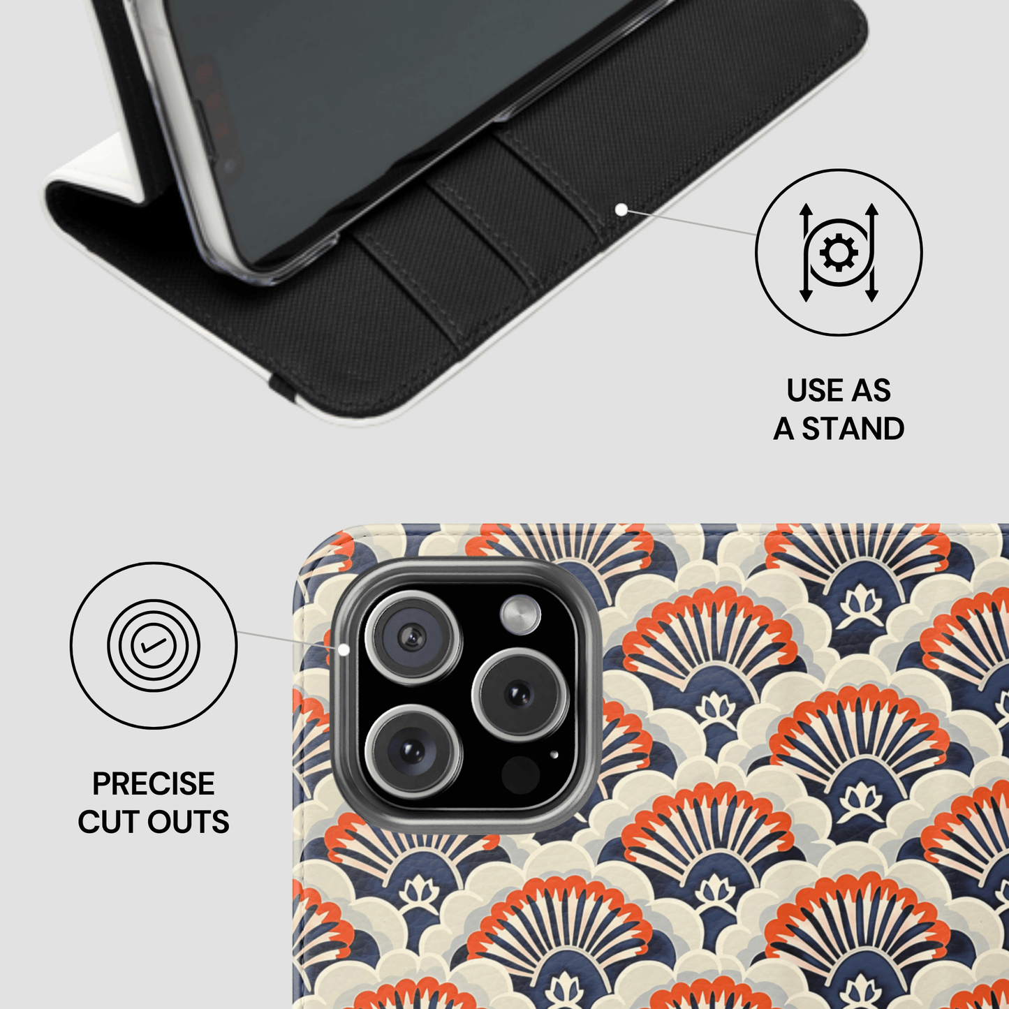 Phone case with geometric pattern and stand feature on a white background