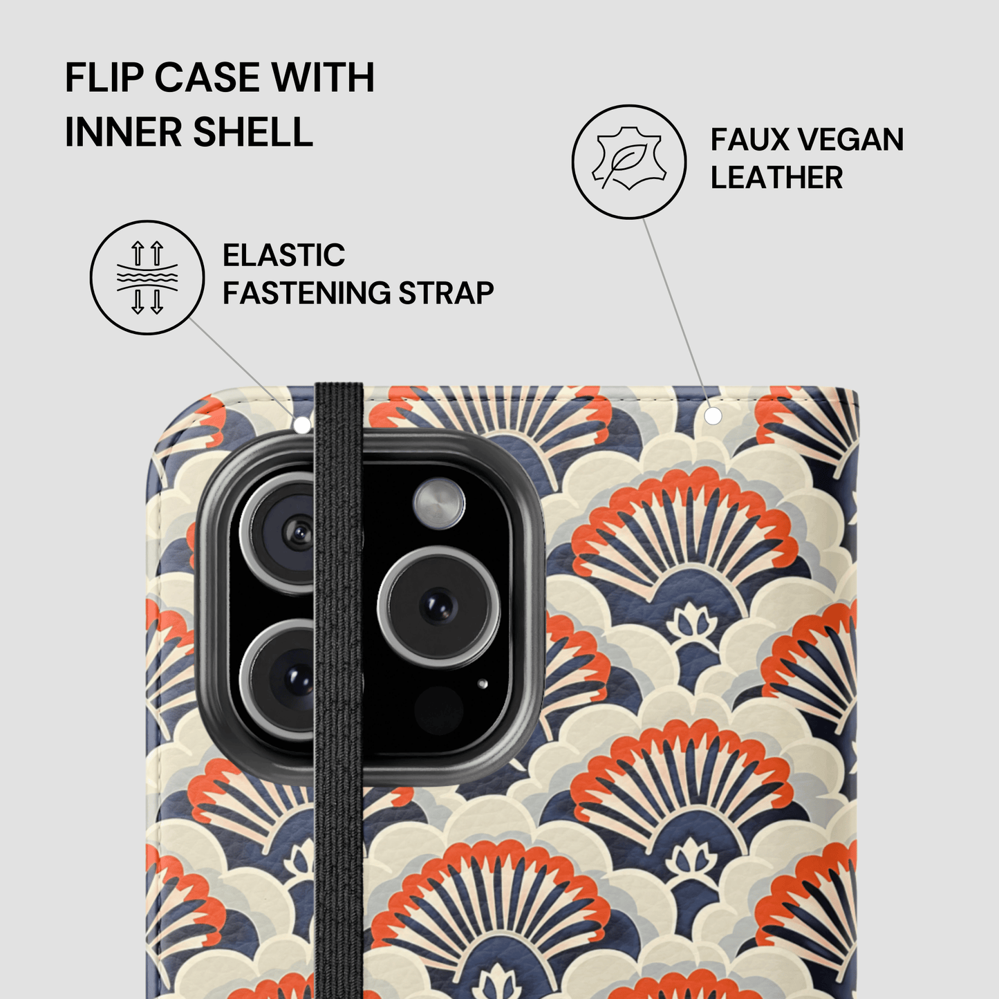 Flip case with inner shell featuring a patterned design on a white background