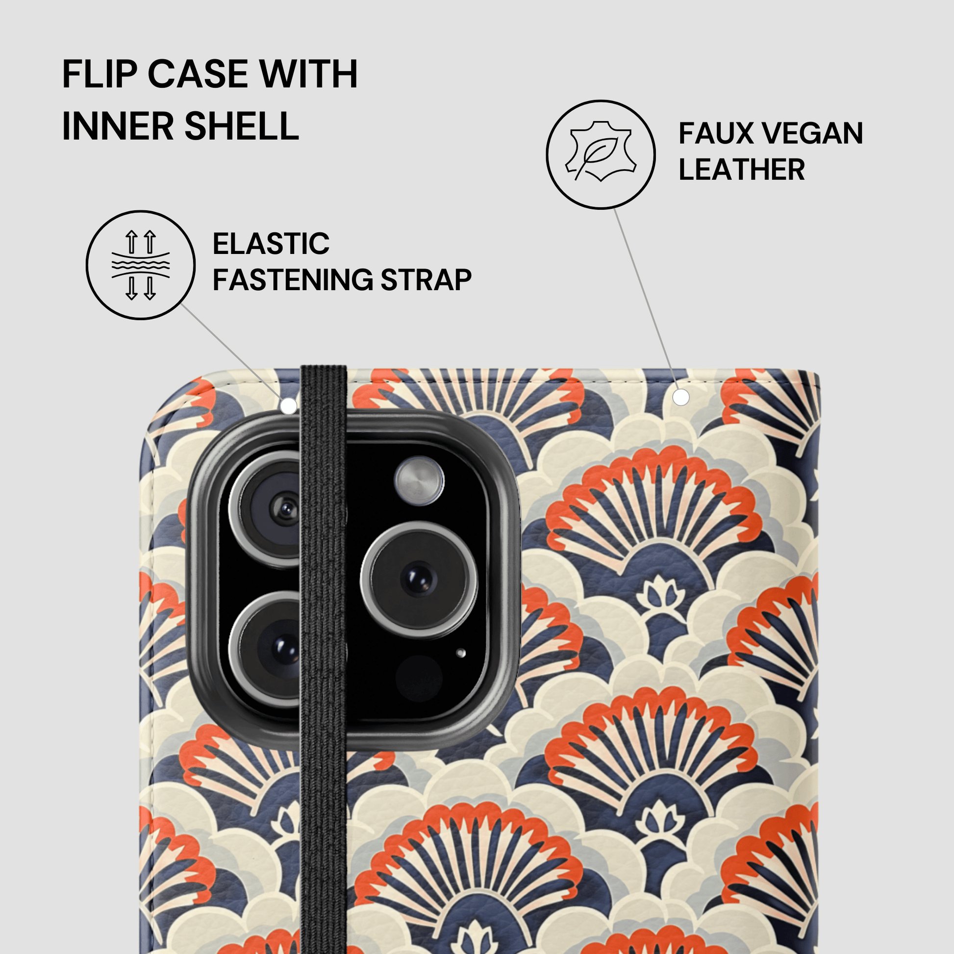 Flip case with inner shell featuring a patterned design on a white background