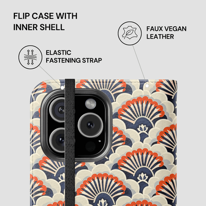 Flip case with inner shell featuring a patterned design on a white background