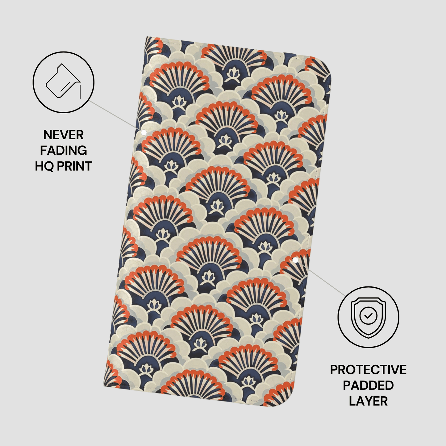 Patterned product with protective padding features on a white background