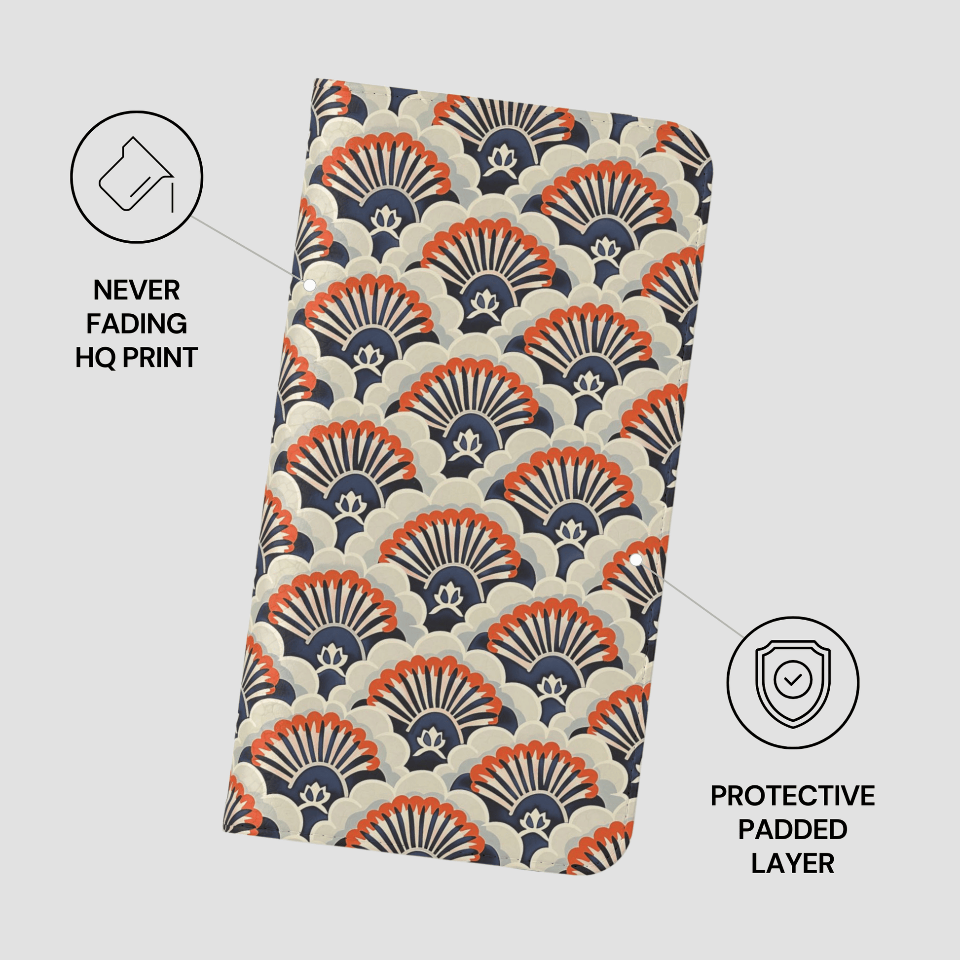 Patterned product with protective padding features on a white background