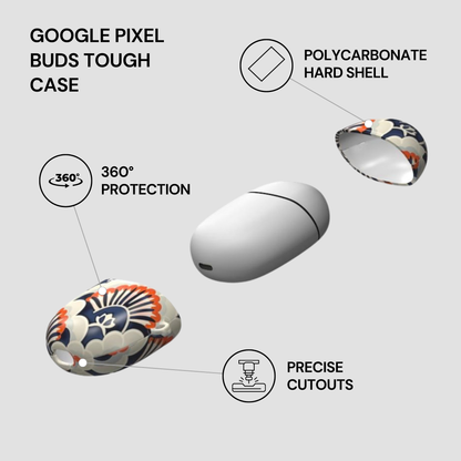 Google Pixel Buds Tough Case with features highlighted on a white background