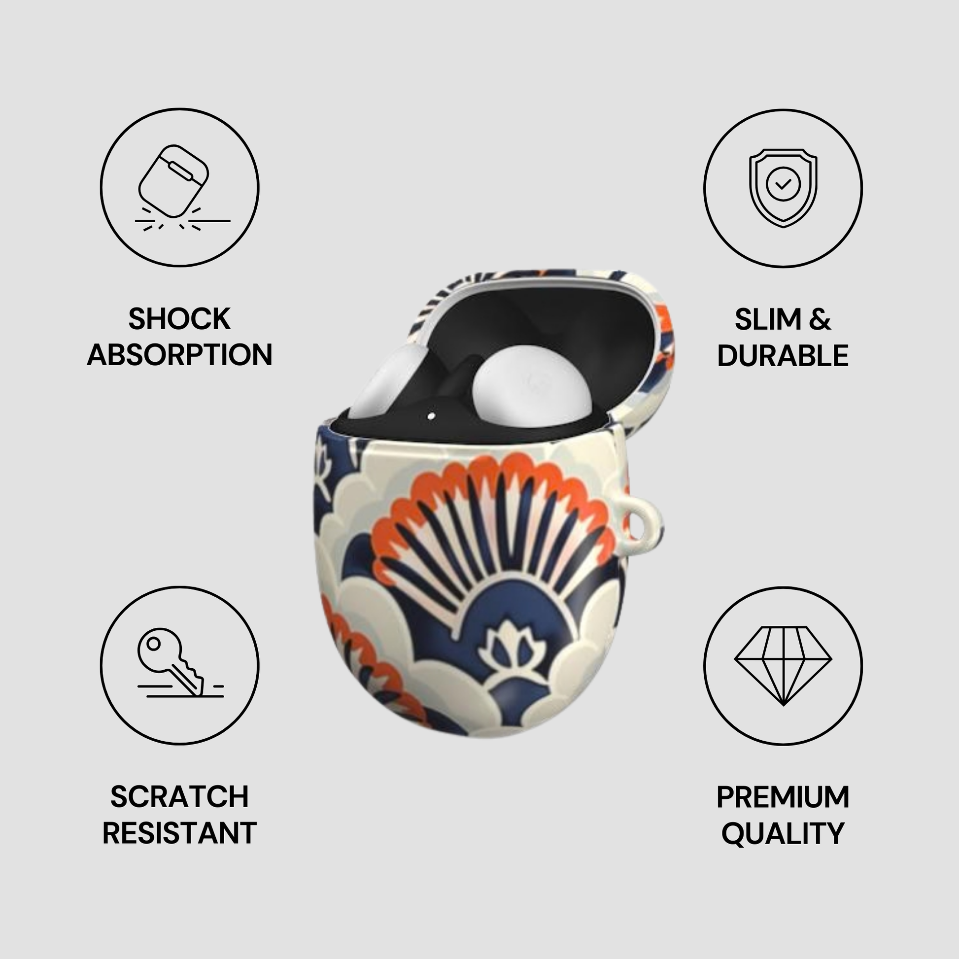 Decorative case with shell pattern on a light gray background, featuring icons and text about product features.