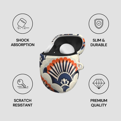 Decorative case with shell pattern on a light gray background, featuring icons and text about product features.