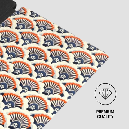 Patterned fabric with fan design on a gray background, featuring a 'Premium Quality' label.