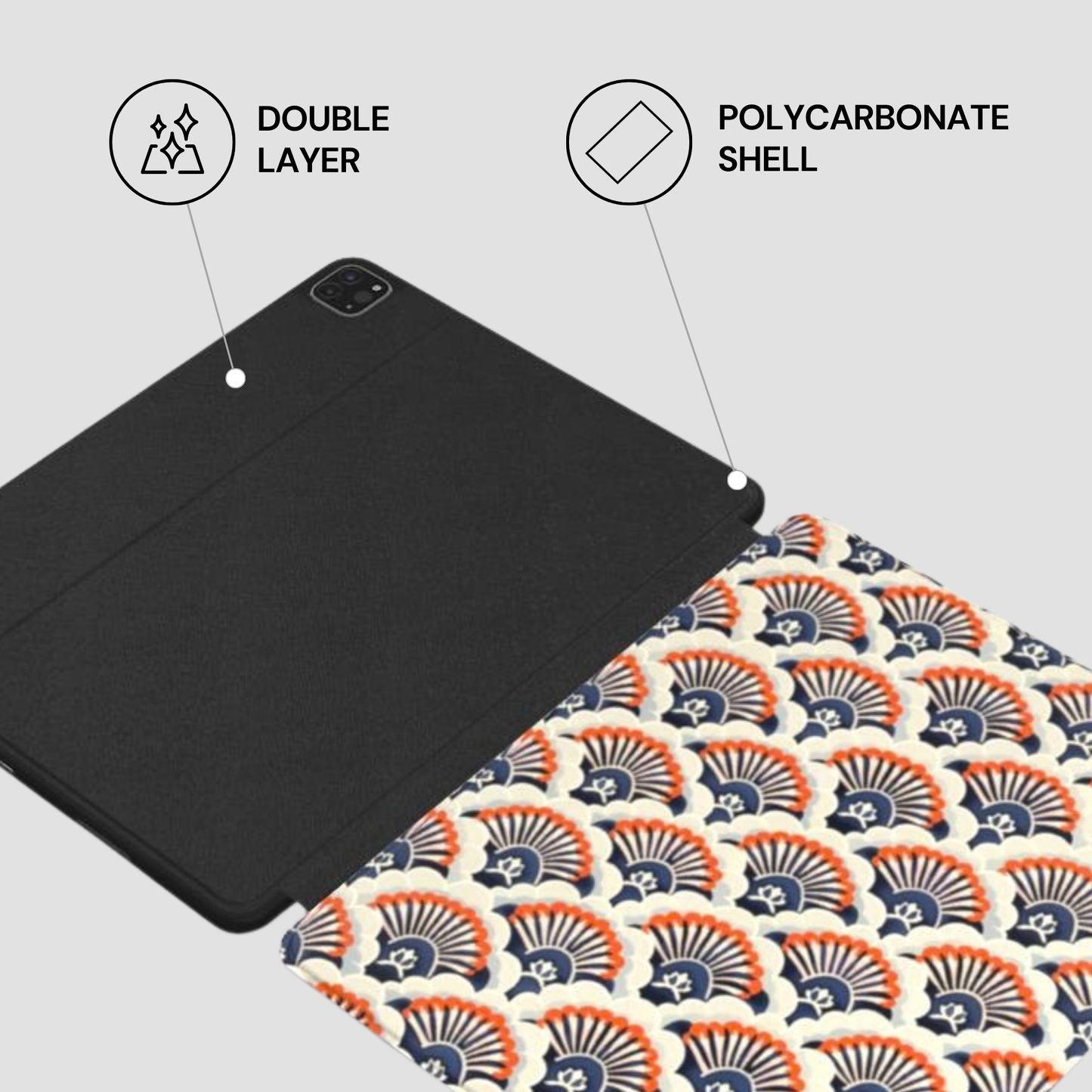Tablet case with double layer and polycarbonate shell features on a light gray background
