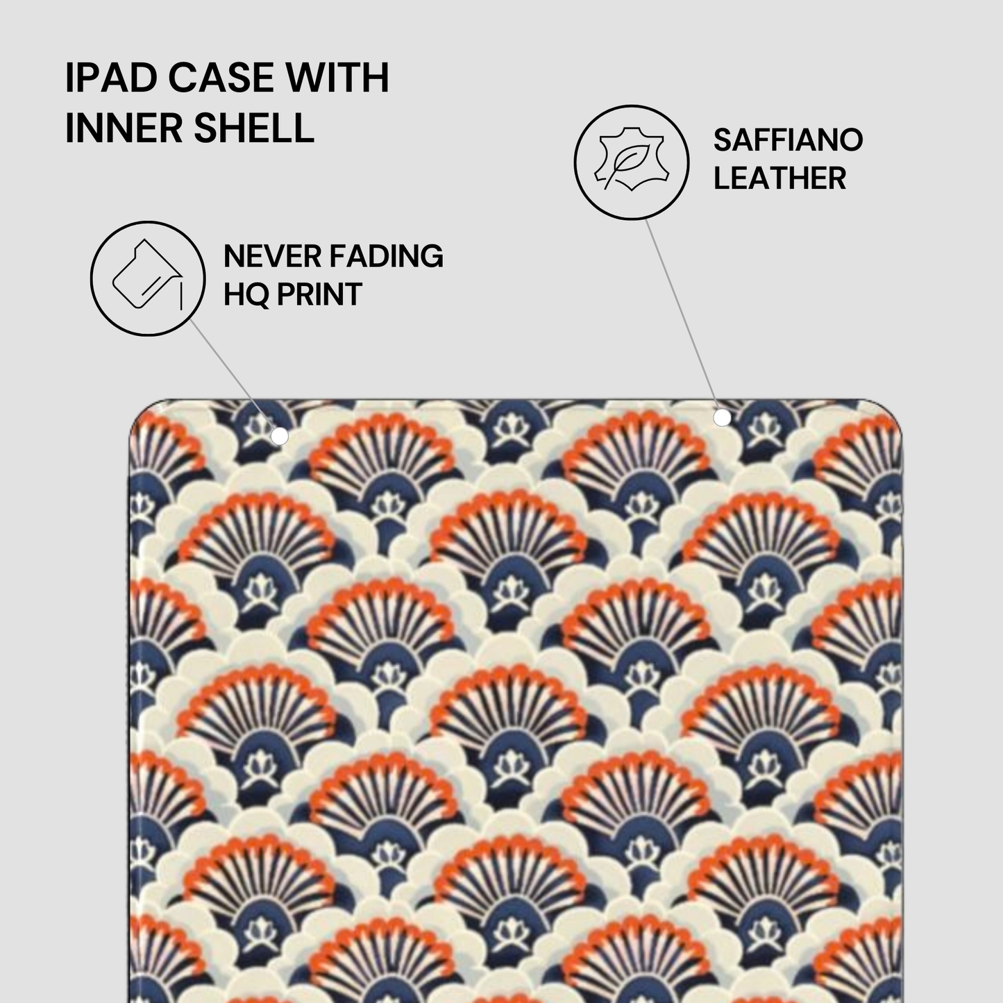 Patterned iPad case with saffiano leather inner shell on a light gray background
