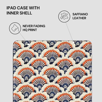 Patterned iPad case with saffiano leather inner shell on a light gray background