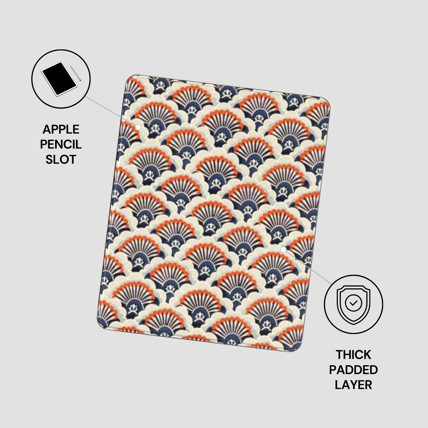 Patterned case with Apple Pencil slot and thick padded layer on a light gray background